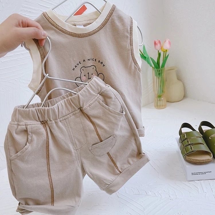 Cotton boy baby vest suit 2021 summer new Korean version of children's cartoon tops and shorts thin two-piece set