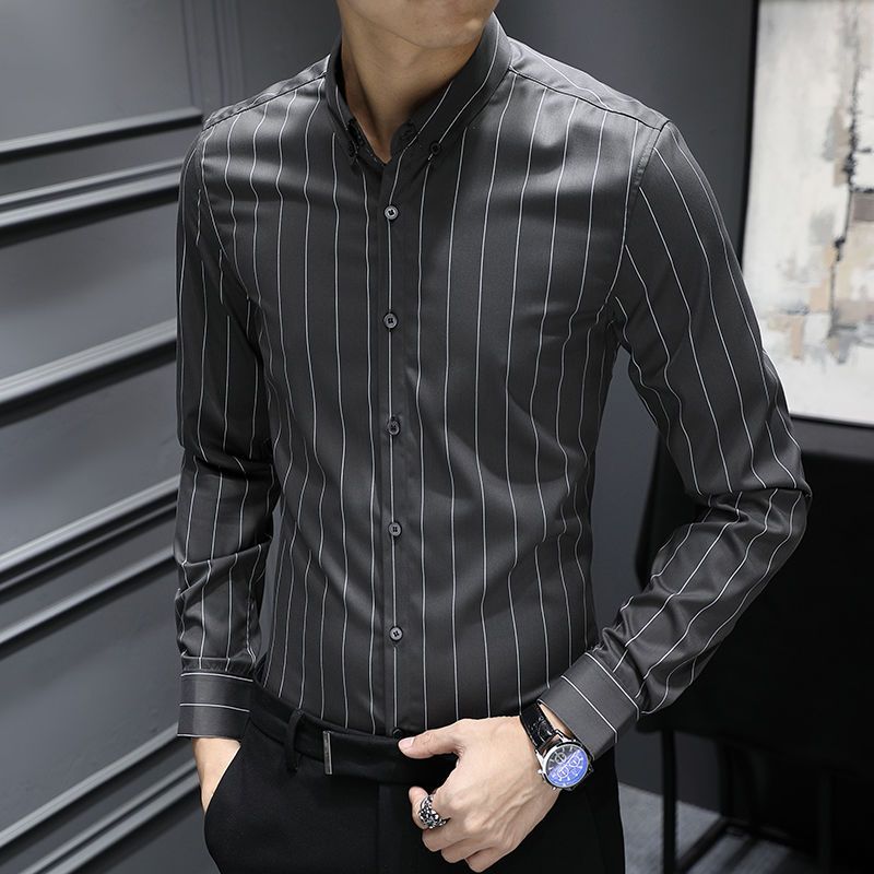 男士竖条纹修身衬衫男长袖2021新款韩版黑色轻奢衬衣正装休闲商务