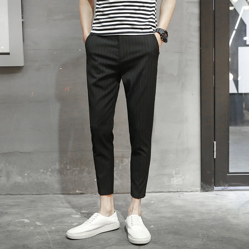Summer casual pants men's Korean version of the trendy nine-point pants small feet slim trousers suit pants hair stylist striped pants thin