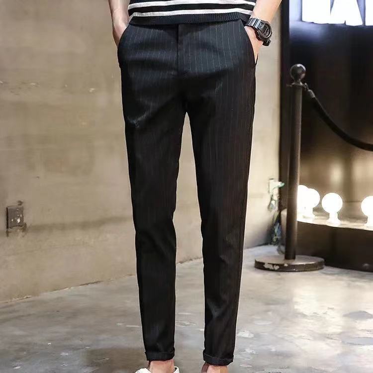 Summer casual pants men's Korean version of the trendy nine-point pants small feet slim trousers suit pants hair stylist striped pants thin