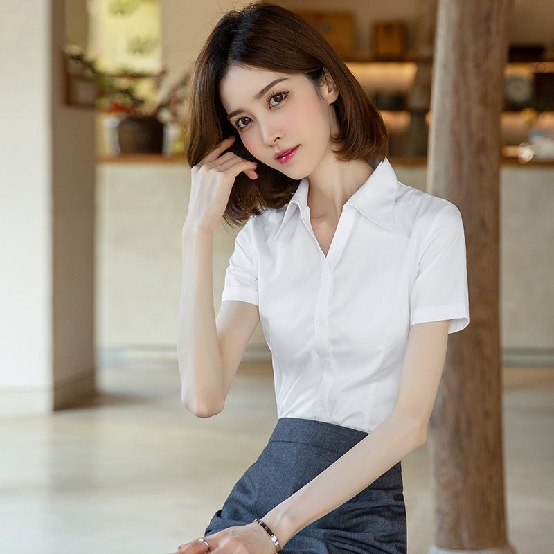 v领白衬衫女短袖夏季新款职业装正装工作服韩版通勤方领女装衬衣