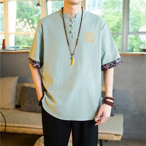 Linen short-sleeved T-shirt men's summer Chinese style tops Chinese style men's Tang suit half-sleeved fat men's large size cotton and linen clothes