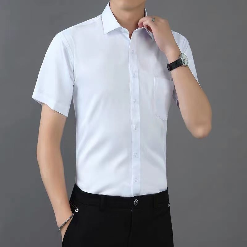 新款夏季男士纯色短袖衬衫白色衬衣潮流百搭帅气休闲上衣男装