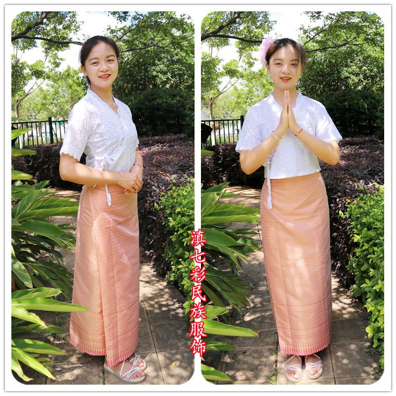 扣花单白衣泰国傣筒裙锦缎裙傣族女半身长裙裹裙民族服饰送头花 虎窝拼