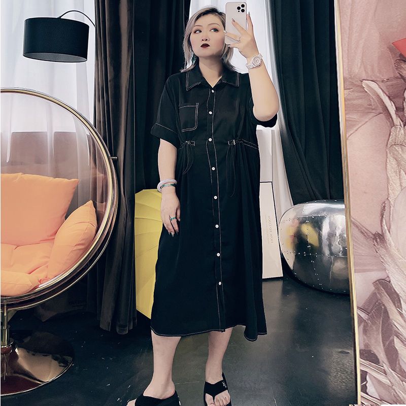 夏裝大碼女裝翻領連衣裙200斤胖MM寬鬆休閒紐扣中長款短袖襯衫裙