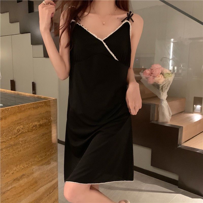 ins summer V-neck small lace with chest pad comfortable modal black sling nightdress pajamas black home clothes