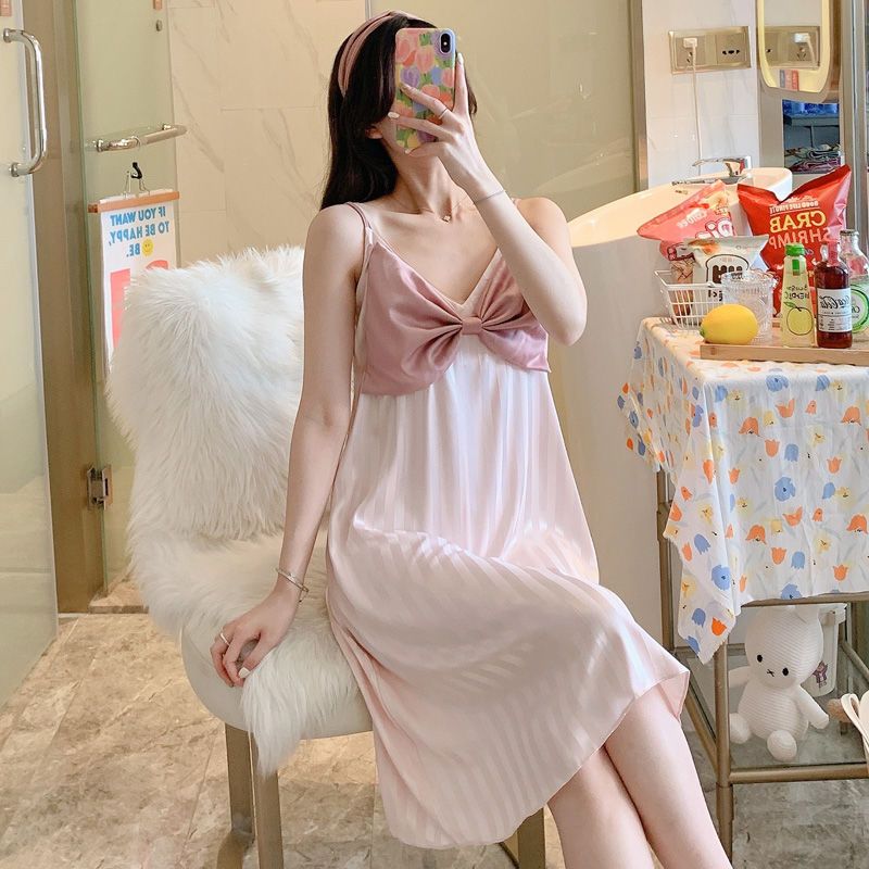 Sling nightdress women's pajamas summer ice silk sexy thin section summer net red cute bow can be worn outside home clothes