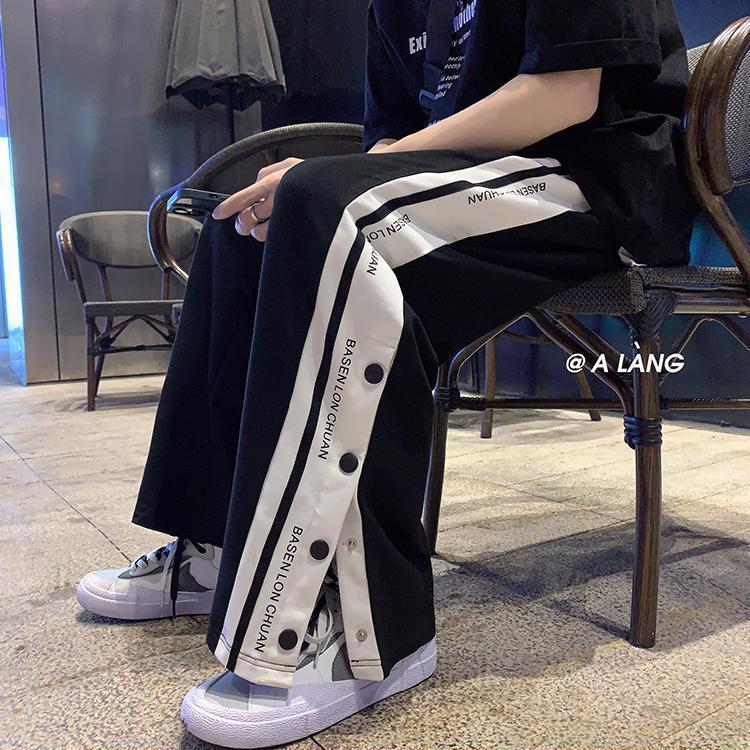Button-up casual sweatpants women's summer thin fashion brand ins loose straight striped fried street Hong Kong style sports trousers