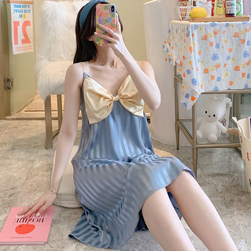 Sling nightdress women's pajamas summer ice silk sexy thin section summer net red cute bow can be worn outside home clothes
