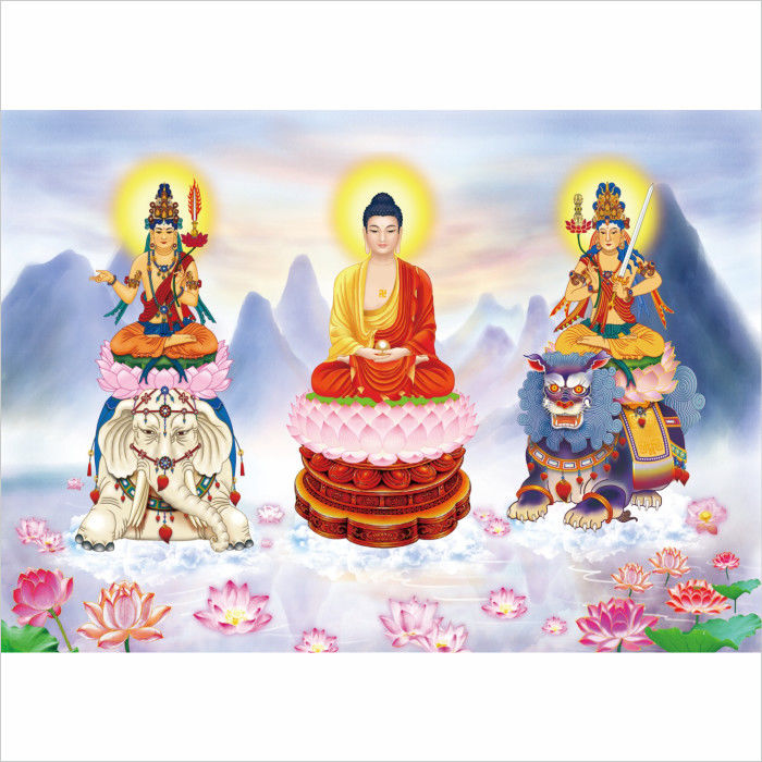华严三圣高清庄严佛画像大日如来佛文殊菩萨普贤菩萨佛像画中堂画