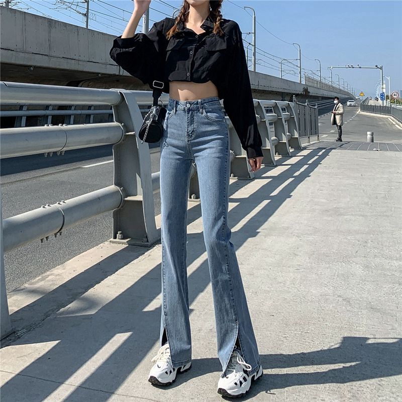 Micro-flared jeans for women 2023 new Korean style elastic high-waisted tight-fitting slim straight-leg slit wide-leg long pants