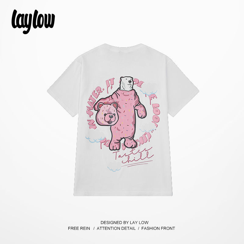 HEYBIG夏季新款潮牌圆圈小熊超火时尚情侣粉红小熊T恤男女短袖TEE