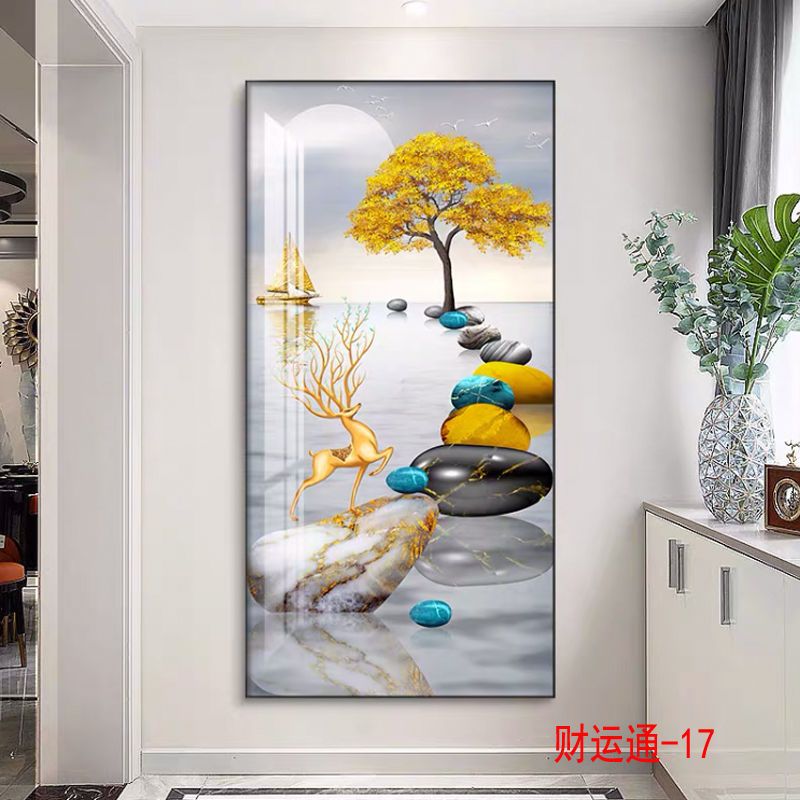 北欧风格玄关财运装饰画竖版挂画走廊过道现代简约轻奢镶钻晶瓷画