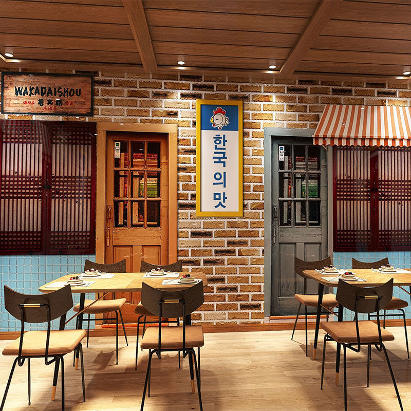 韩式烤肉店网红料理餐厅墙纸复古木门窗街头街景韩国酒馆烧烤壁纸