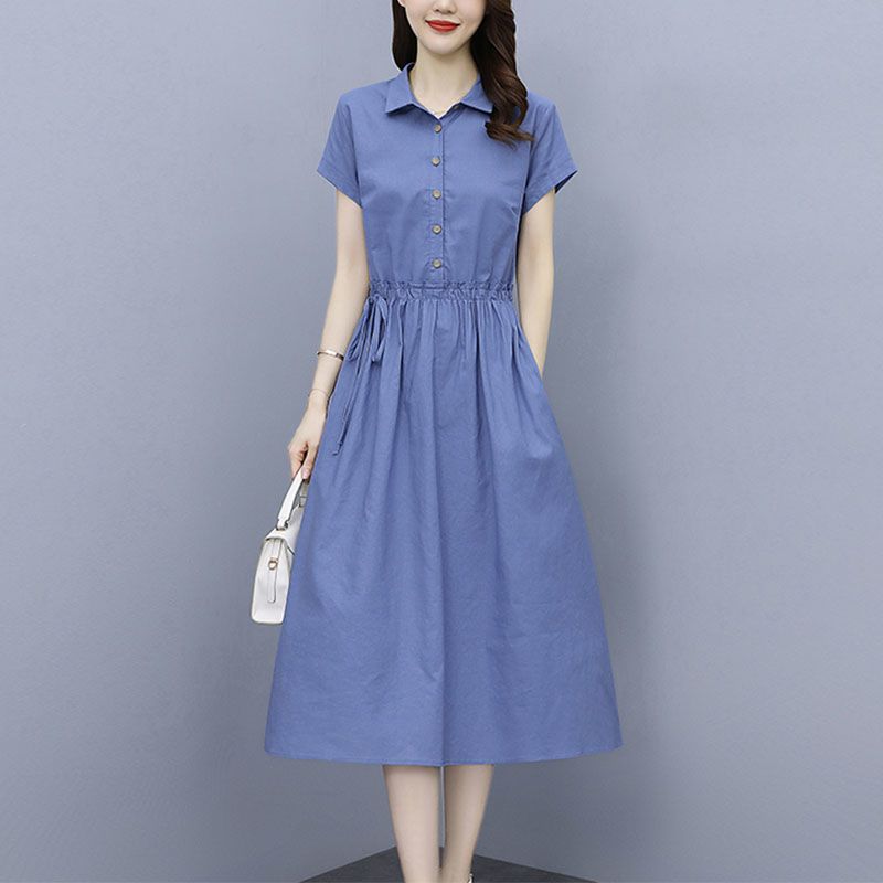 高檔純棉連衣裙女2022夏季新款時尚減齡顯瘦氣質百搭休閒中長裙子