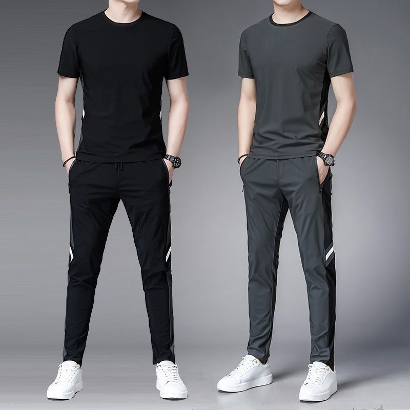 Summer men's clothing  new short-sleeved casual ice silk sports suit men's thin section cool breathable quick-drying set