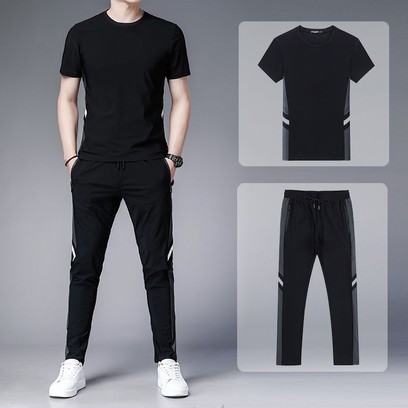 Summer men's clothing  new short-sleeved casual ice silk sports suit men's thin section cool breathable quick-drying set