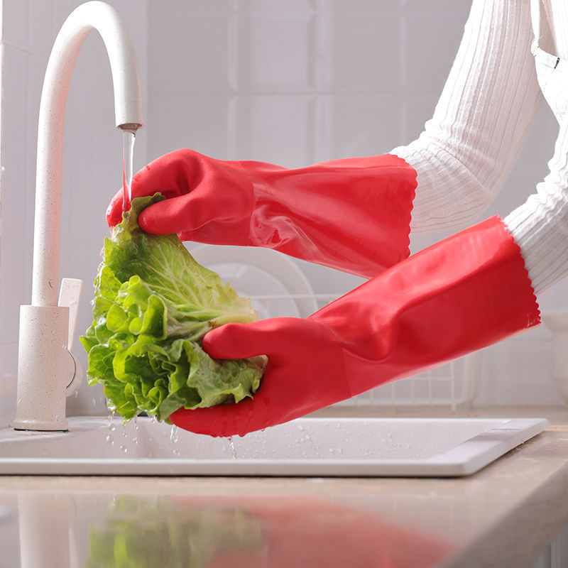 冬季加绒加长厨房清洁家务保暖手套洗碗防水劳耐用一体绒加棉手套