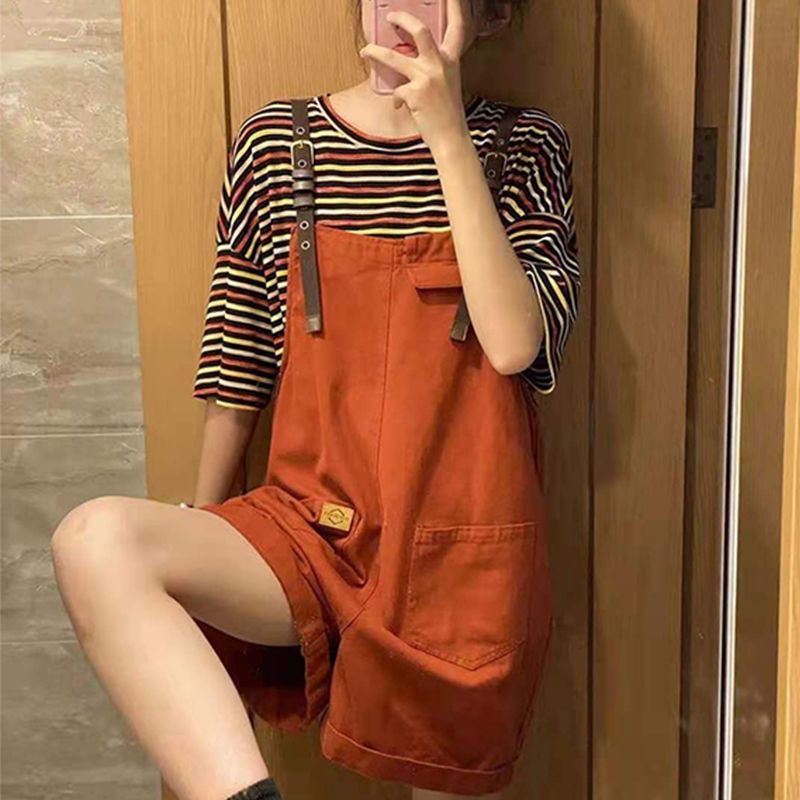 2022 summer new casual suspenders female student Korean loose High Waist Wide Leg shorts fashion trend