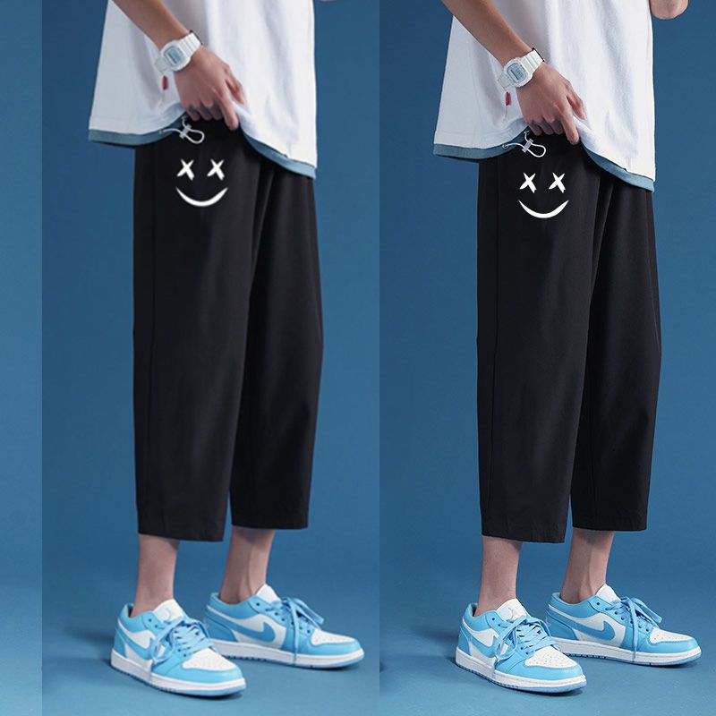Autumn cropped pants men's 1/2 piece shorts men's wear trendy casual sports outerwear loose straight ice silk pants