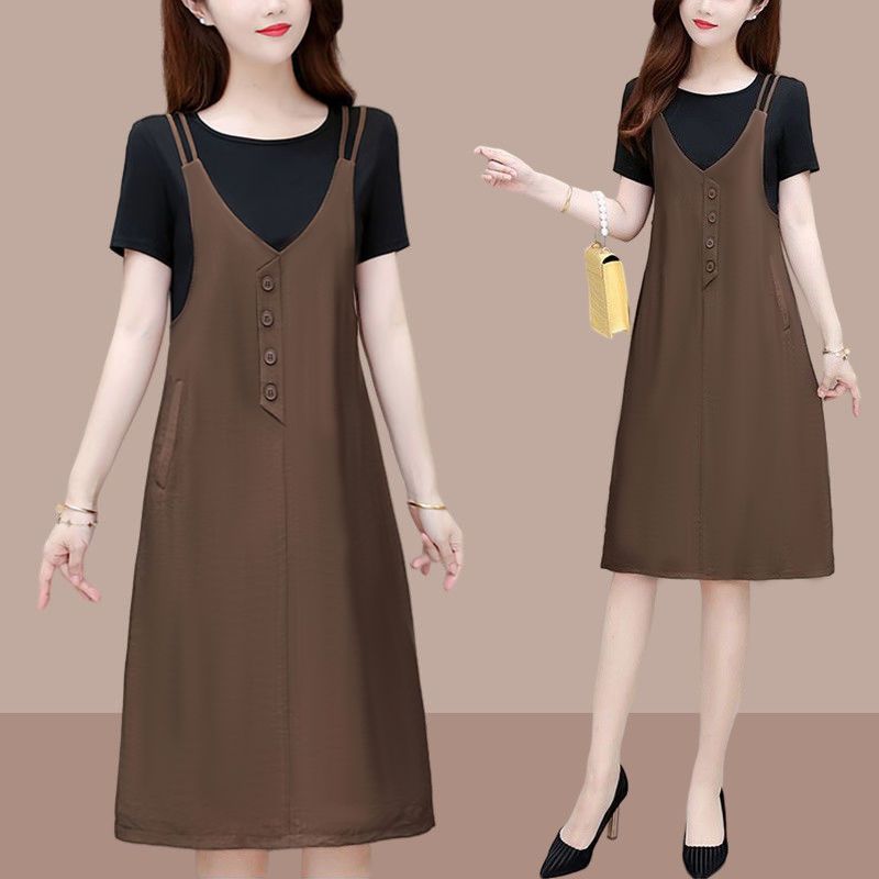 Fake two-piece suspenders short-sleeved plus-size dress female 2023 summer new fashion casual belly-covering mom skirt