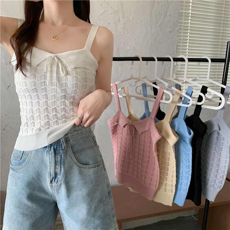  new bowknot hollow sleeveless top small fresh sweet hot girl knitted suspenders female summer vest