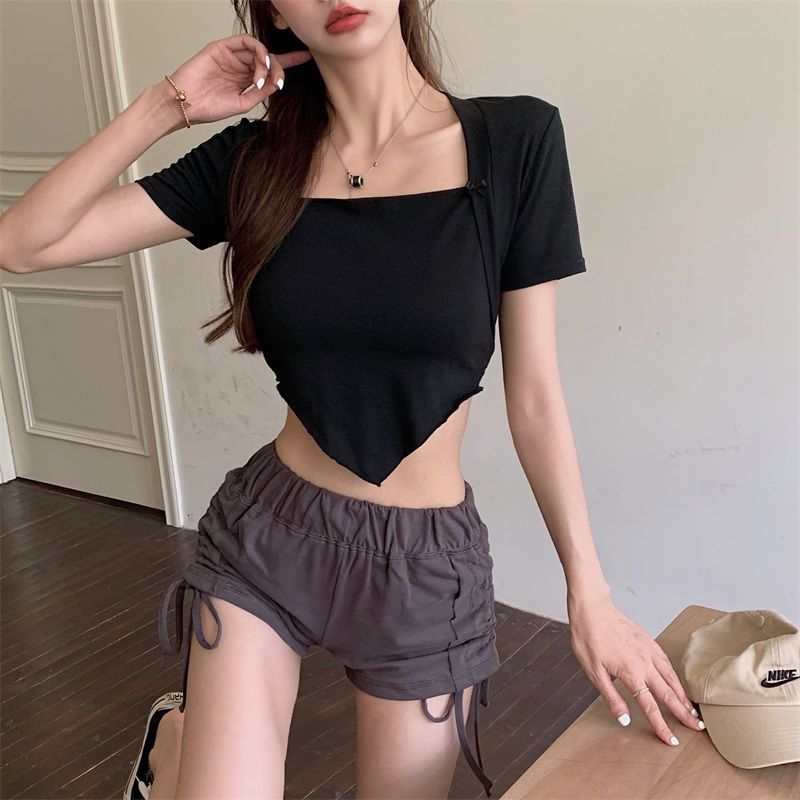 Sweet and spicy pure desire wind fake two-piece t-shirt ladies tight sexy irregular short waist square collar top summer