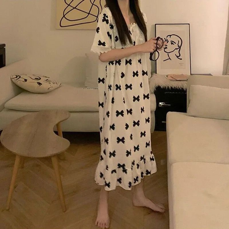 Nightdress women's summer cotton 2022 new thin section Japanese sweet and cute loose pajamas mid-length home service