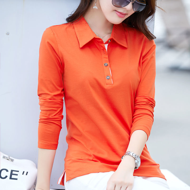 Spring and autumn new cotton long-sleeved T-shirt women with collar slim tops early autumn regular bottoming shirt lapel polo shirt