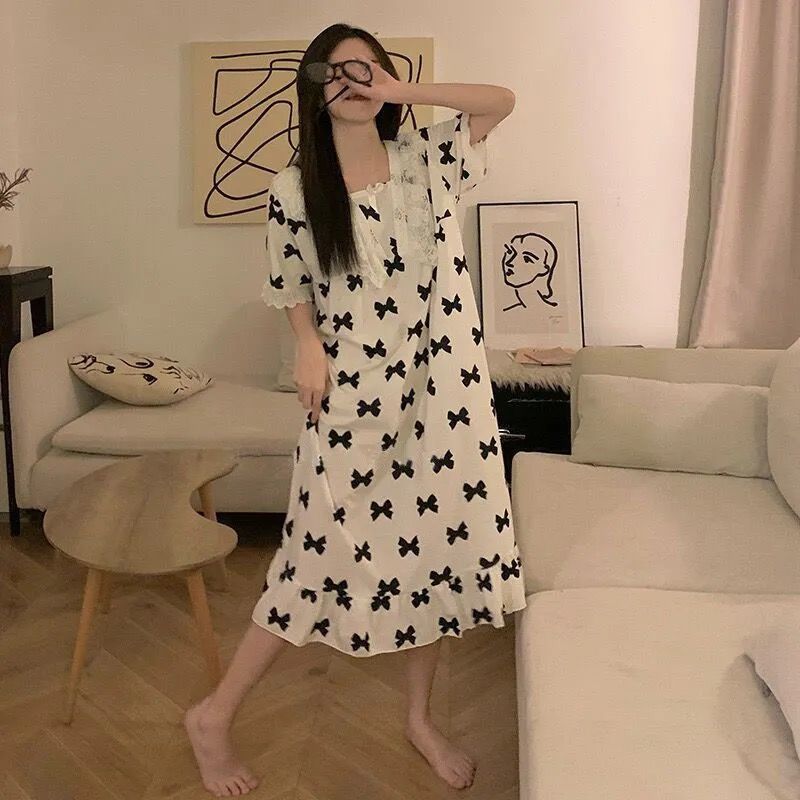Nightdress women's summer cotton 2022 new thin section Japanese sweet and cute loose pajamas mid-length home service