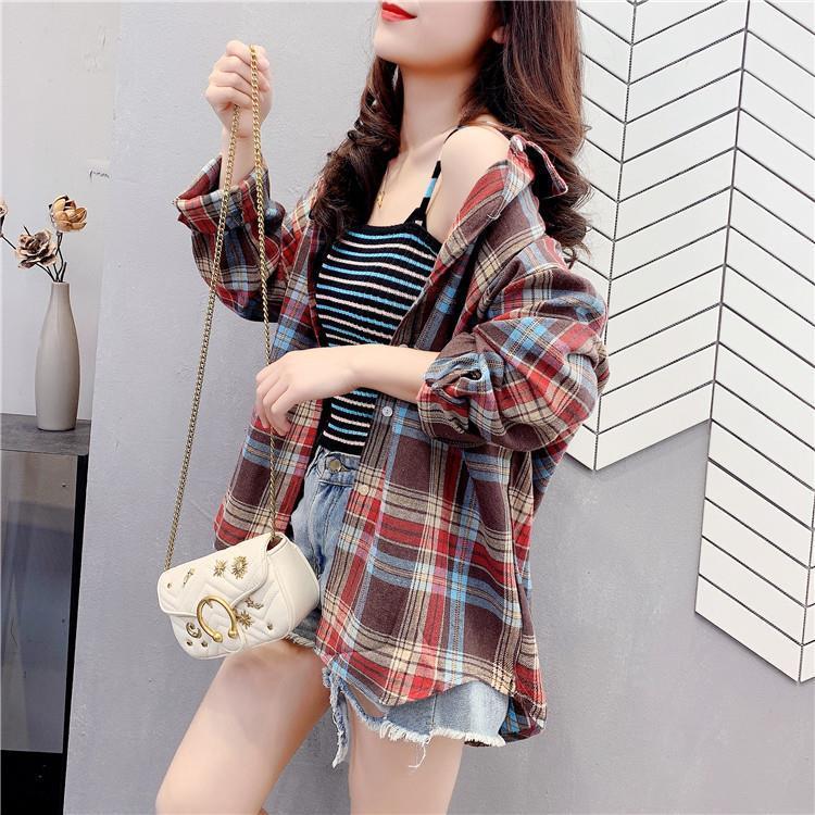 Spring and autumn new Korean version retro Hong Kong style POLO collar contrast color plaid brushed loose coat shirt women's fashion