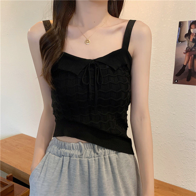  new bowknot hollow sleeveless top small fresh sweet hot girl knitted suspenders female summer vest