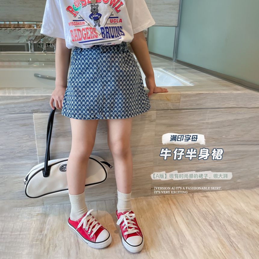 女童印花牛仔裙2023夏季新款中大童網紅A字半身裙洋氣短裙子套裝T