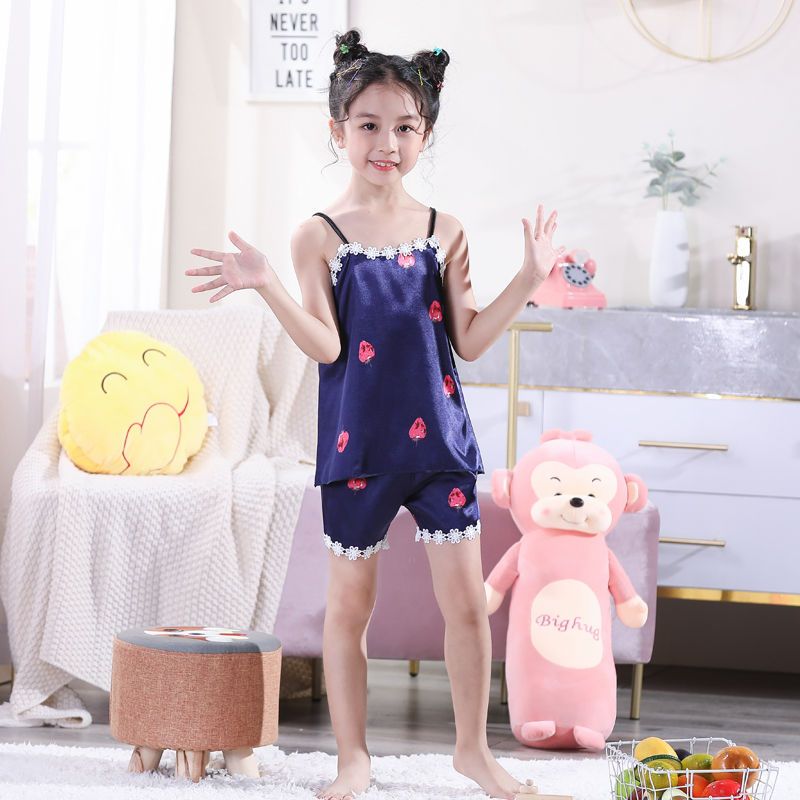 Children's pajamas summer girls' pajamas suit middle and large children's suspenders girls' pajamas women's ice silk home clothes