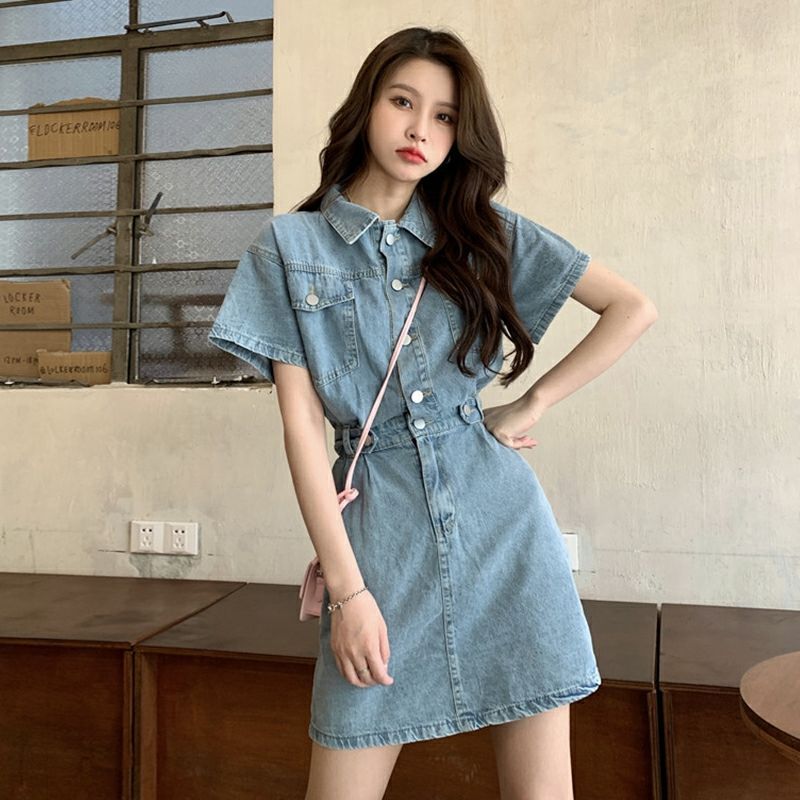 French-style niche POLO collar denim dress female small waist slimming retro Korean denim a-line skirt