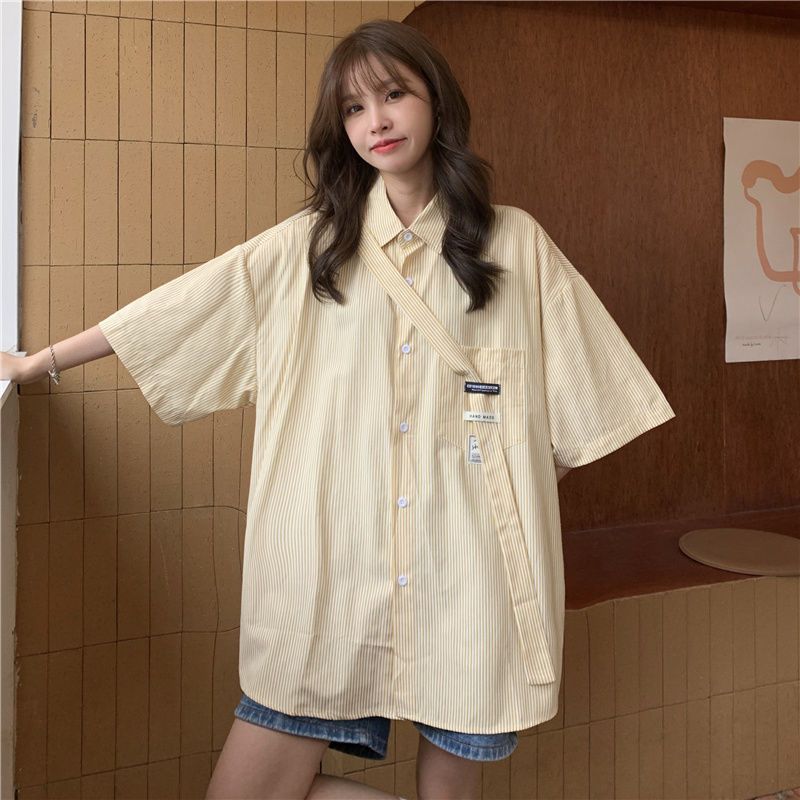 设计感小众条纹衬衫短袖女夏季新款韩版日系学院风别致百搭上衣潮