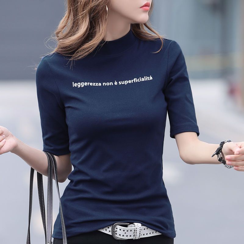 純棉修身中袖t恤女秋冬新款半高領五分袖緊身T上衣洋氣外穿打底衫