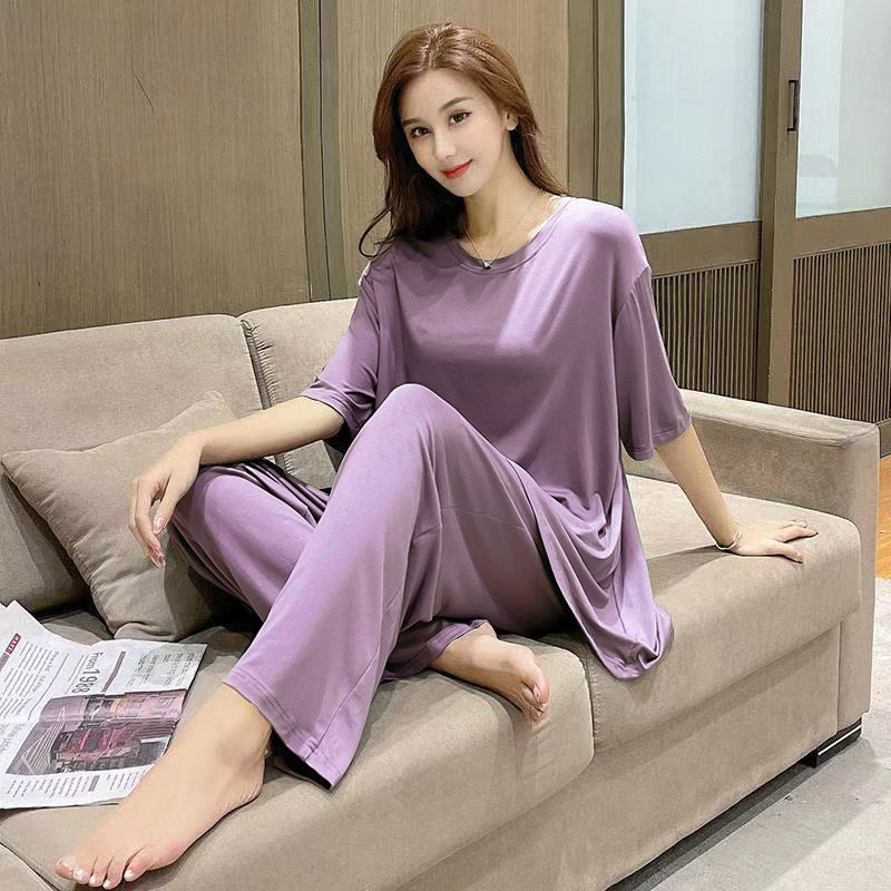 Modal pajamas women's spring and summer thin section short-sleeved cropped pants pure cotton large size two-piece spring and autumn home service suit