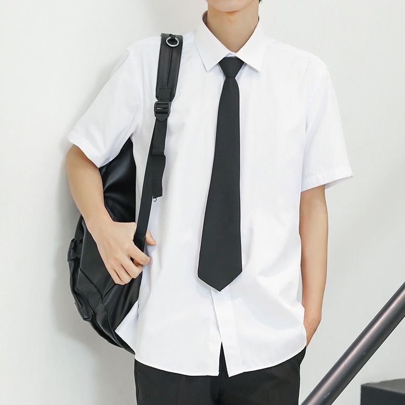 2023新款DK纯色短袖衬衫男白色黑色学院风潮流帅气衬衣上衣服男装