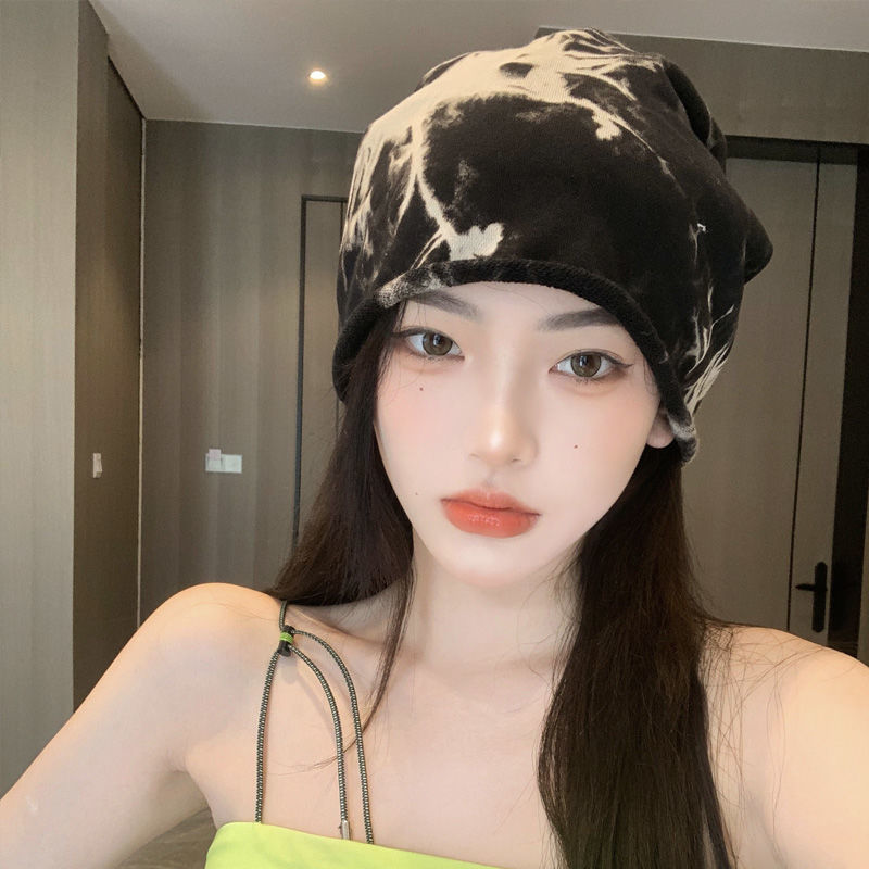 Japanese niche style tie-dye mixed color turban hat for women, fashionable and versatile, face-showing small pile hat, thin Internet celebrity headscarf hat