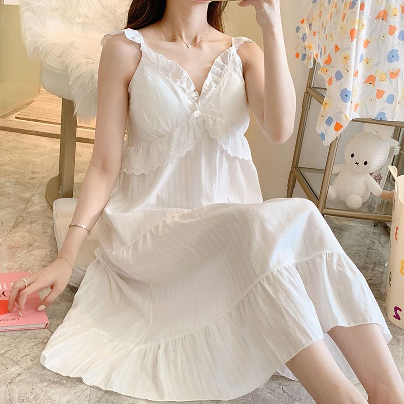 Suspender nightdress summer pure cotton high-grade thin section pajamas with chest pad feminine summer net red princess wind home service