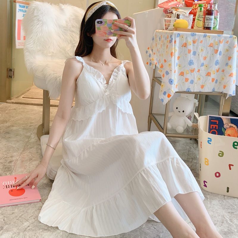 Suspender nightdress summer pure cotton high-grade thin section pajamas with chest pad feminine summer net red princess wind home service