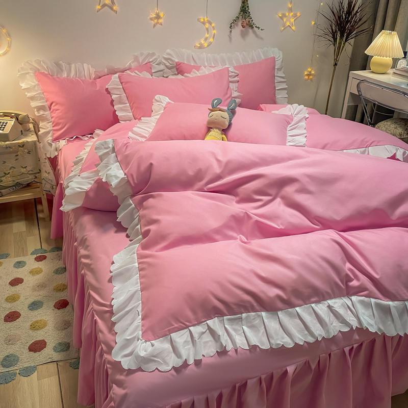Internet celebrity Korean style bed skirt princess style lace style solid color girl heart four-piece set quilt cover three-piece bedding set