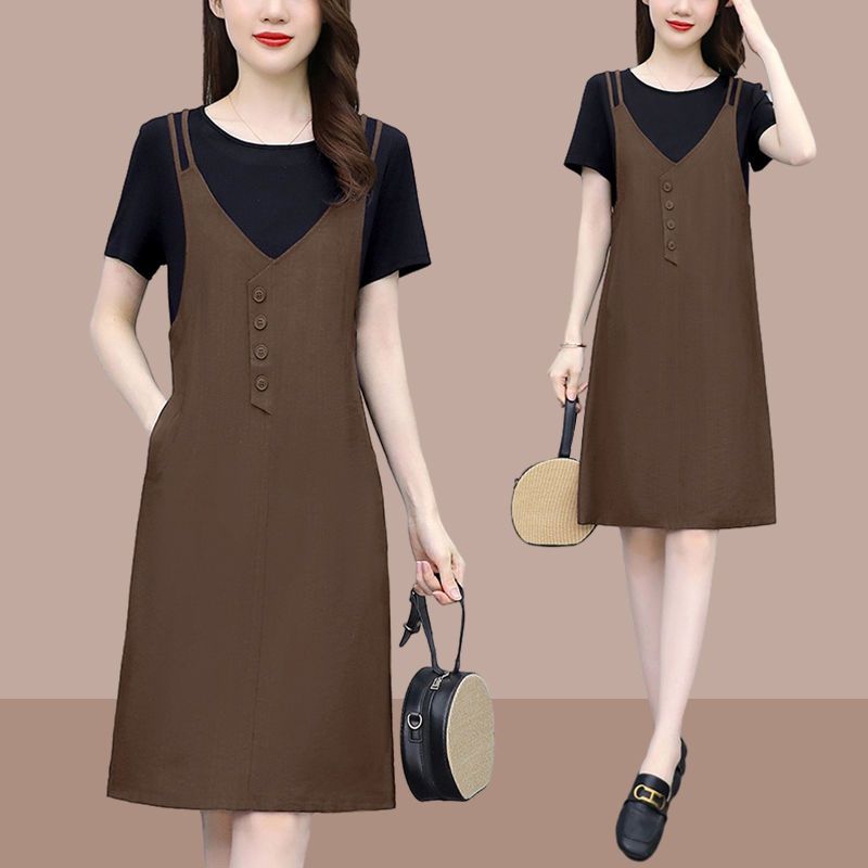 Fake two-piece suspender dress women's 2023 summer new style foreign style thin temperament large size casual skirt covering belly
