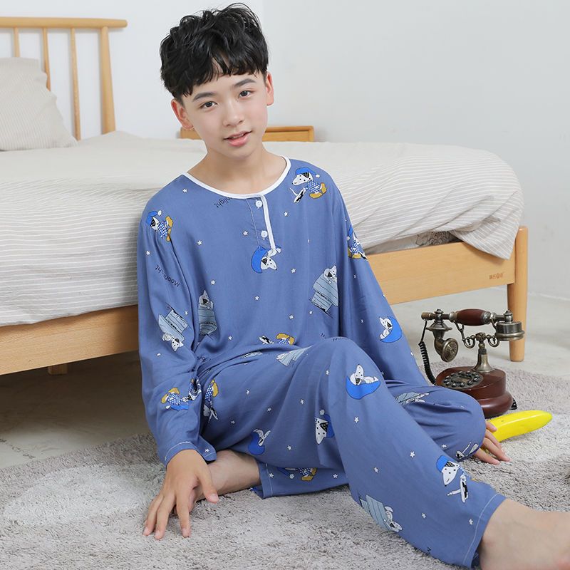 夏季青少年綿綢睡衣套裝棉綢家居空調服男士中大童學生薄款長袖褲