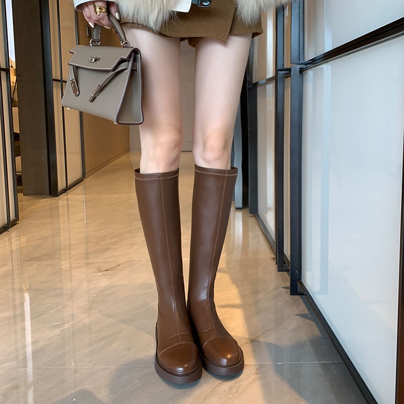 【今日特价】真皮高筒靴女秋冬新款粗跟低跟厚底女士长靴牛皮女靴