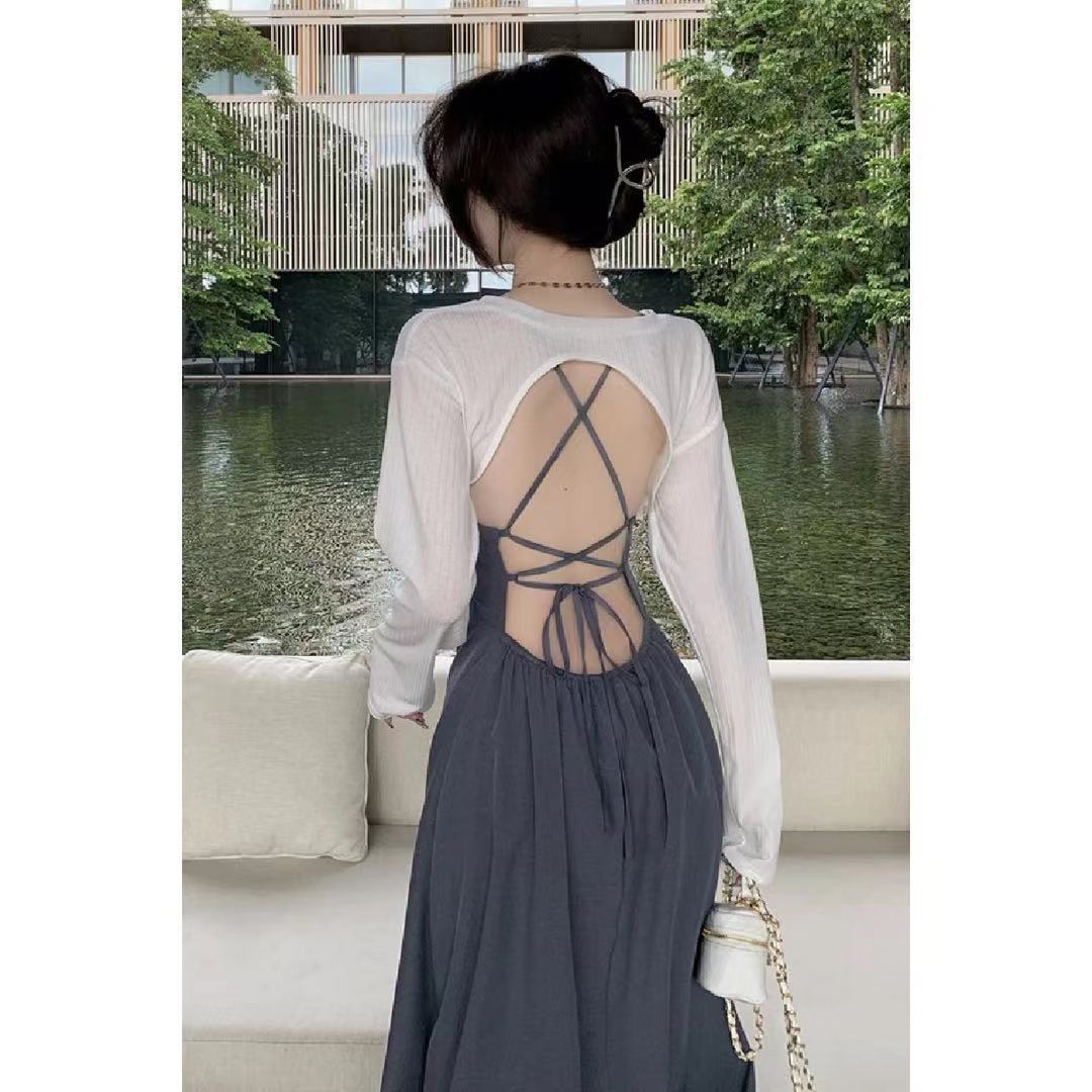 Goddess fan Yujie suit is versatile. Wear long sleeved sunscreen blouses on both sides + sexy backless suspender dress for women