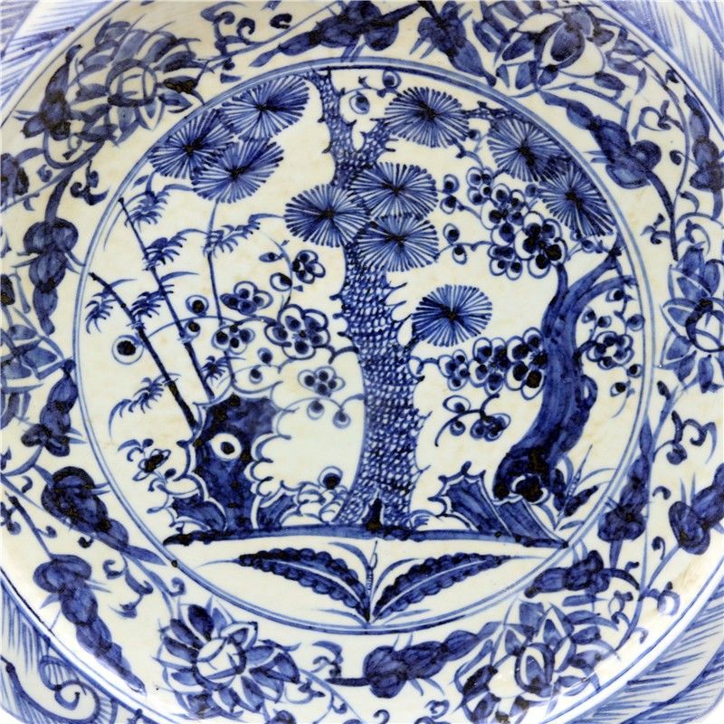 明代宣德纯手工青花松竹梅大瓷盘 景德镇出土祖传瓷器收藏品摆件