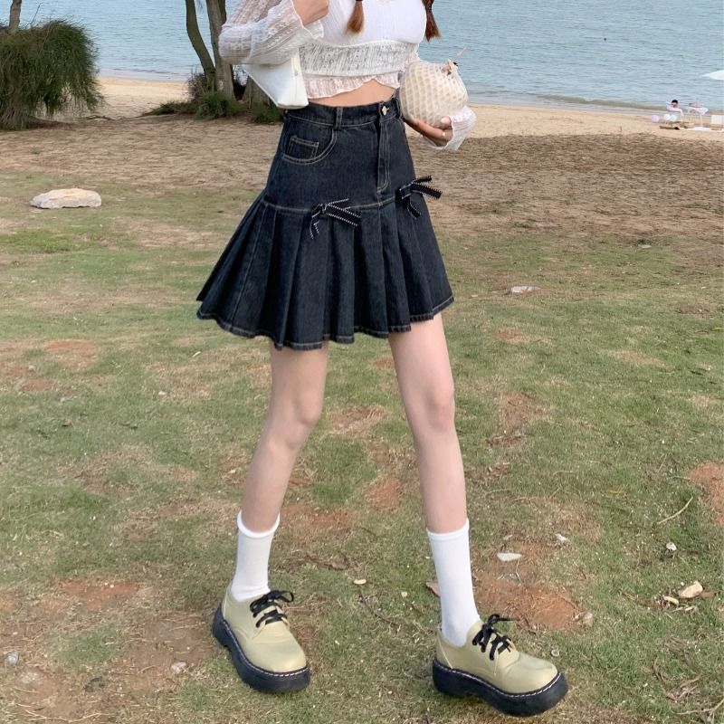 設計感蝴蝶結牛仔百褶裙女夏季薄款大碼高腰顯瘦A字裙半身短裙子