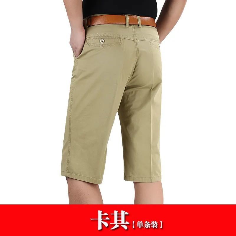 男士夏季純棉中褲中老年休閒七分褲爸爸裝直筒高腰西裝短褲男外穿